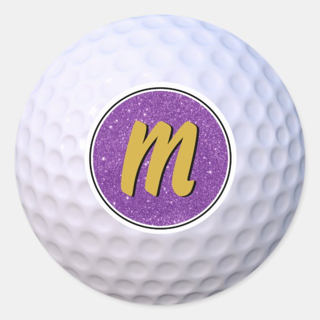 Golf Ball Customisable Monogram Purple & Gold Classic Round Sticker (Front)