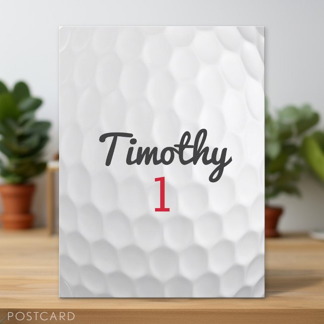 Golf Ball Dimples with Black Name Red Number Postcard (Custom Postcard)