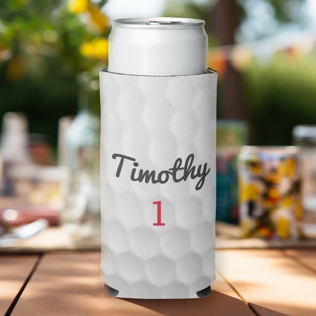 Golf Ball Dimples with Black Name Red Number Seltzer Can Cooler (Personalize this golf-themed can cooler!)
