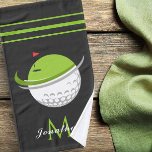 Golf Ball & Flag Custom Name Monogram Striped Grey Hand Towel