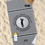 Golf Ball Funny Quote Custom Text Golfer Gift Grey Beach Towel<br><div class="desc">If you love golf and the beach, you’ll love this golf ball beach towel. This towel has a modern and preppy design with a grey background and a realistic golf ball image. It also has a male golfer silhouette and a fun quote that says, “Eat, Sleep, Golf, Repeat! Any Questions?”....</div>