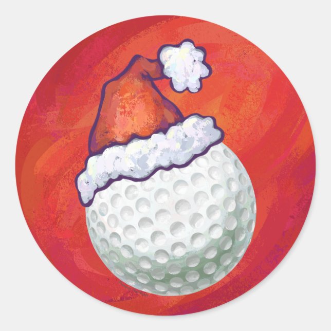 Golf Ball in Santa Hat on Red Classic Round Sticker (Front)