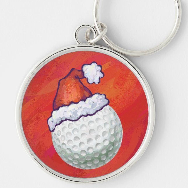 Golf Ball in Santa Hat on Red Key Ring (Front)