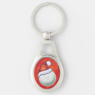 Golf Ball in Santa Hat on Red Key Ring