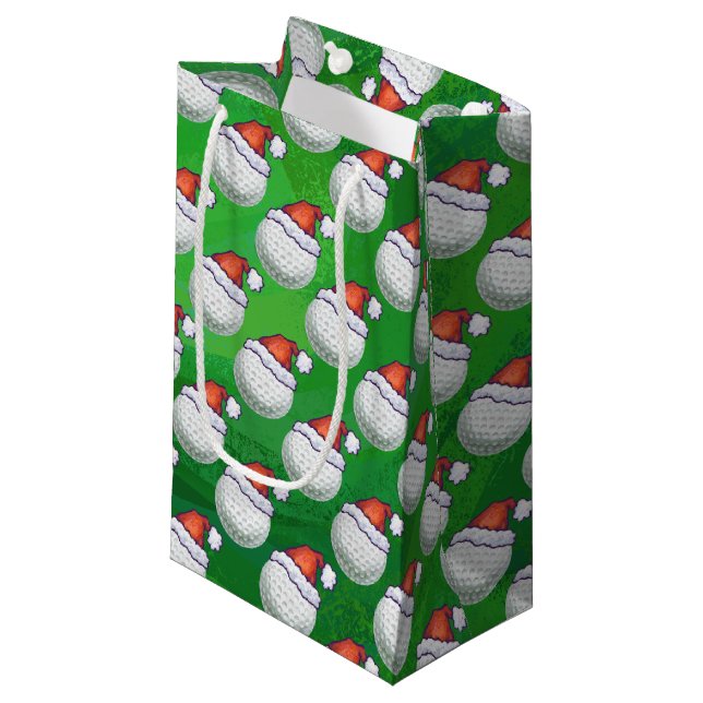 Golf Ball in Santa Hat Pattern on Green Small Gift Bag (Front Angled)