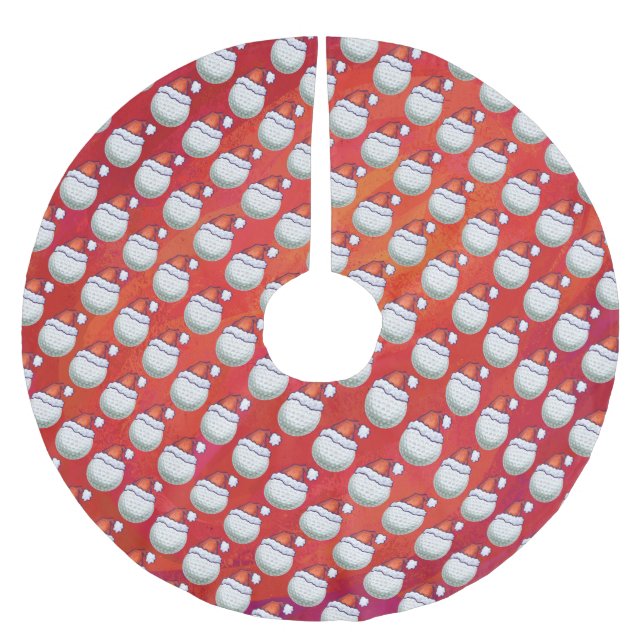 Golf Ball in Santa Hat Pattern on Red Brushed Polyester Tree Skirt (Front)