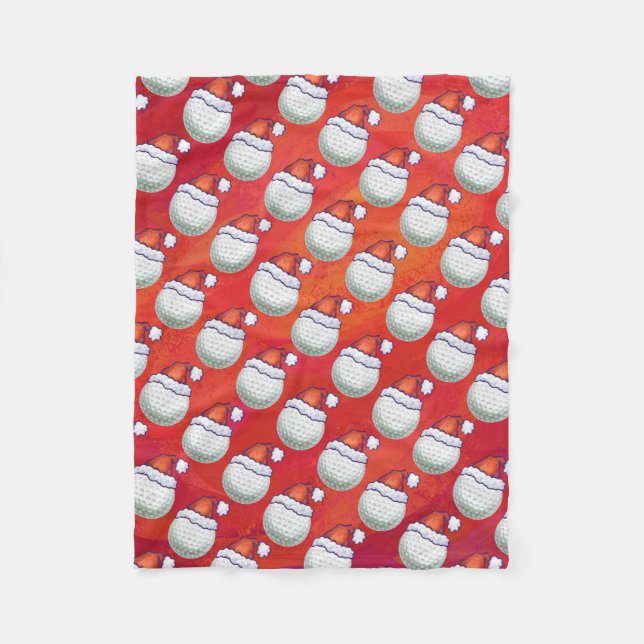 Golf Ball in Santa Hat Pattern on Red Fleece Blanket (Front)