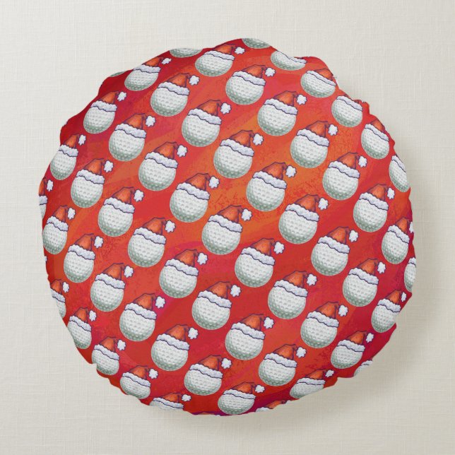 Golf Ball in Santa Hat Pattern on Red Round Cushion (Back)