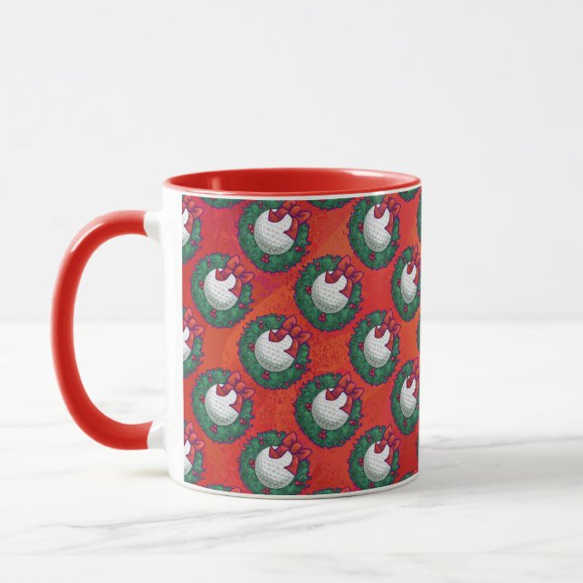 Golf Ball in Wreath Pattern on Red Mug (Left)