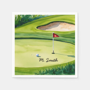 Golf ball is on putting green with your name napkin