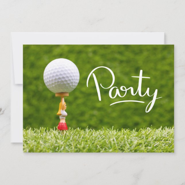 Golf ball is on tee on green grass background   invitation (Front)