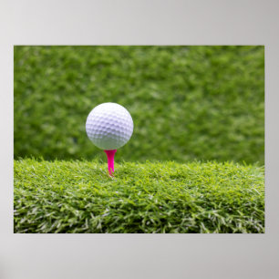 Golf ball is on tee on green grass background po poster
