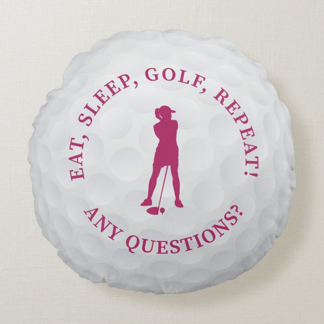 Golf Ball Lady Golfer Silhouette Cute Custom Pink Round Cushion (Front)