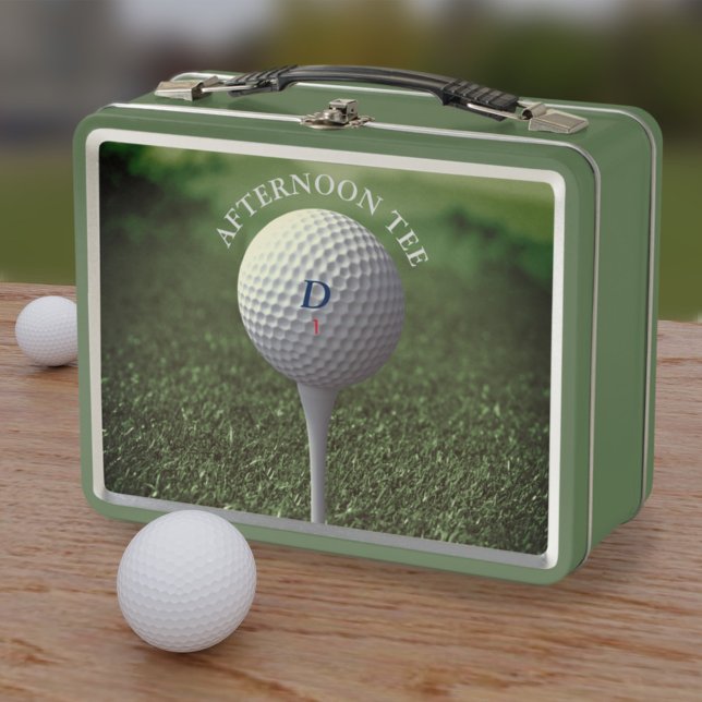 Golf Ball Monogram Afternoon Tee Golfing  Metal Lunch Box (⛳ Perfect for afternoon lunches on the fairway! Just add your initial and golf ball number)