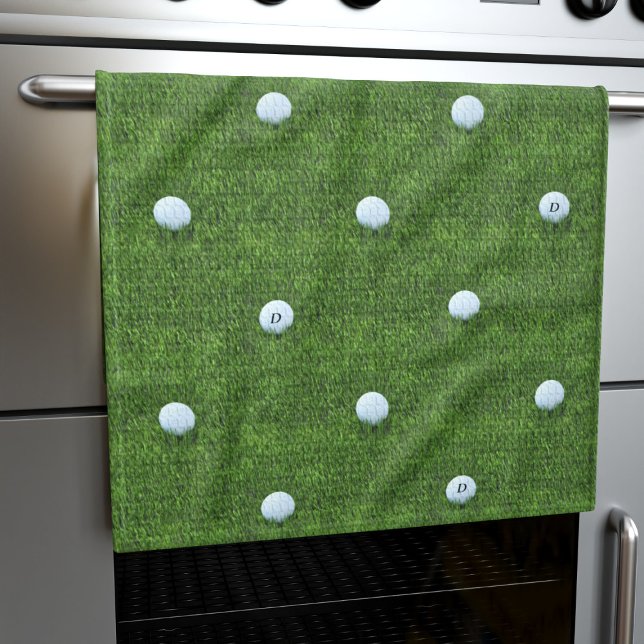 Golf Ball Monogram Green Golfer Kitchen Towel (Golf Ball Monogram Green Golfer Kitchen Towel with space for your initial)