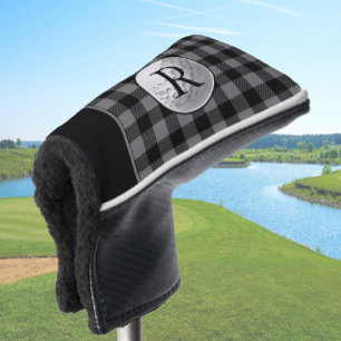 Golf ball monogrammed grey buffalo plaid custom head cover