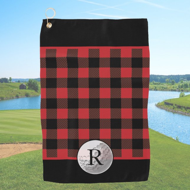Golf ball monogrammed red buffalo plaid custom towel (Creator Uploaded)