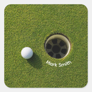 Golf Ball Next to Hole on Green Grass Golf Course Square Sticker