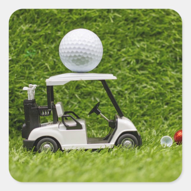 Golf Ball on Golf Cart on Green Grass Square Sticker (Front)