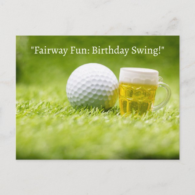 Golf ball on green grass for golfer birthday postcard (Front)
