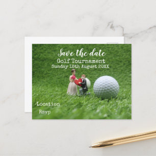 Golf ball on green save the date golfer wedding announcement postcard