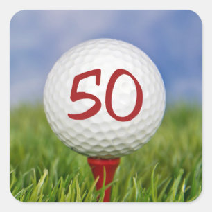 golf ball on red tee 50th birthday square sticker