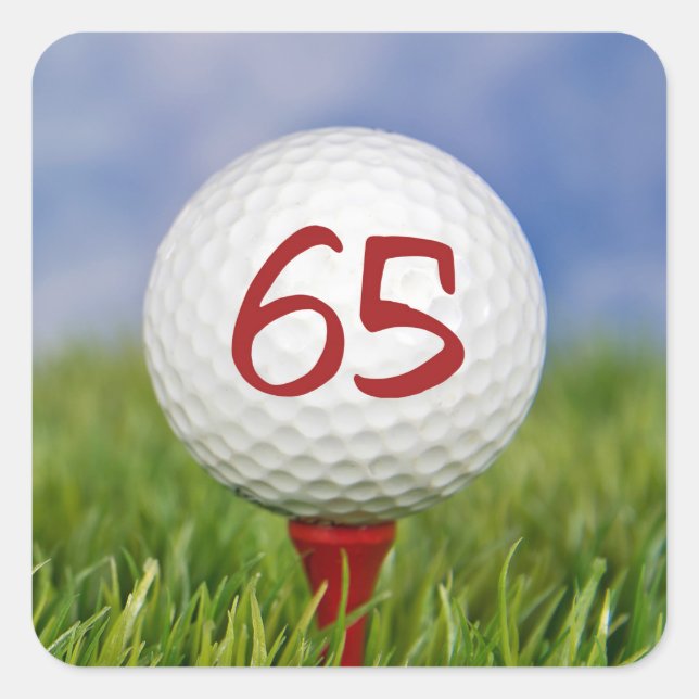 golf ball on red tee 65th birthday square sticker (Front)