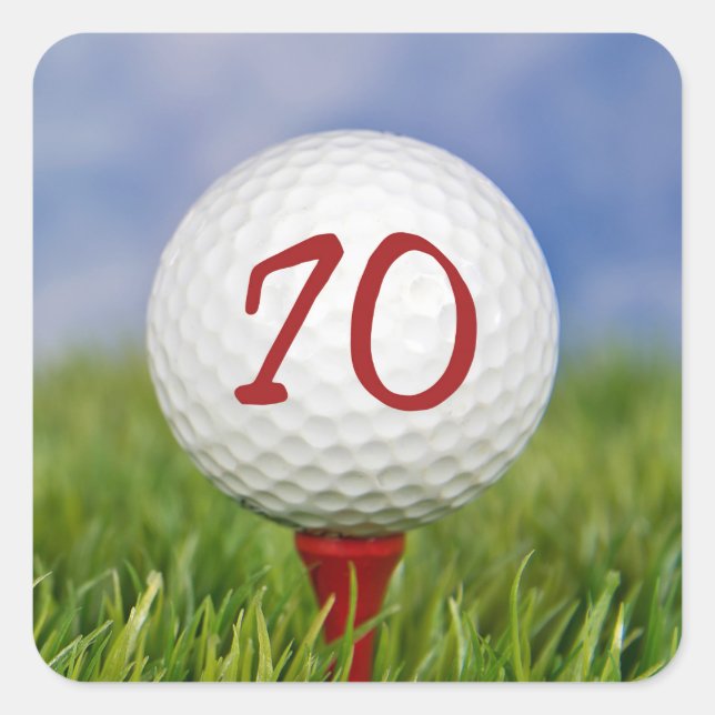 golf ball on red tee 70th birthday square sticker (Front)