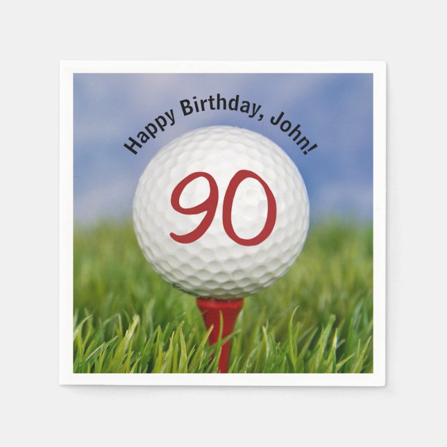 Golf ball on tee for 90th birthday napkin (Front)