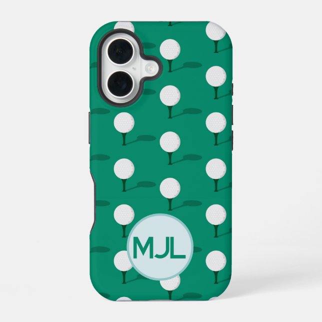 Golf Ball on Tee Pattern with Custom Monogram iPhone 16 Case (Back)
