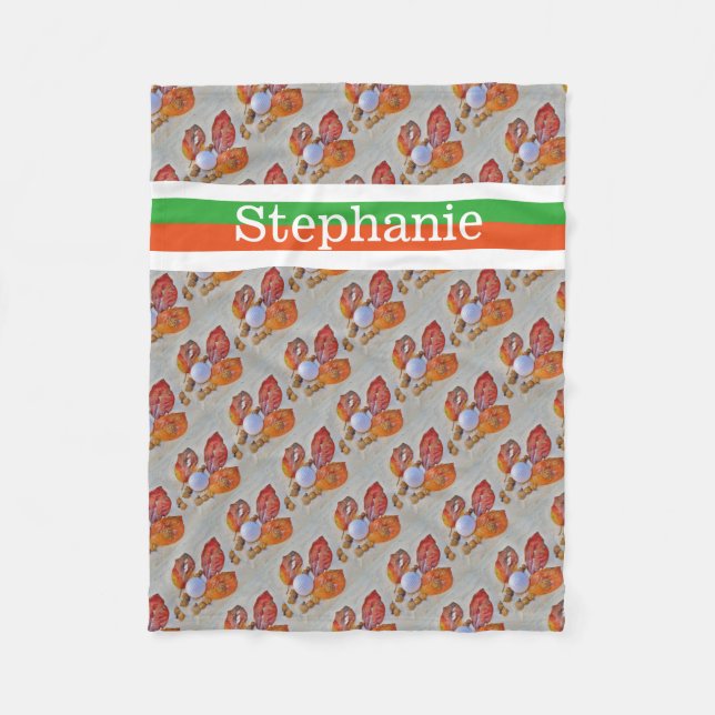 Golf ball  Personalised with name orange and green Fleece Blanket (Front)