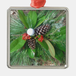 Golf ball pine cones and evergreens Christmas Metal Ornament