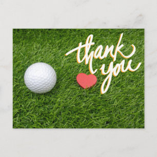 Golf ball red heart on green with love thank you postcard