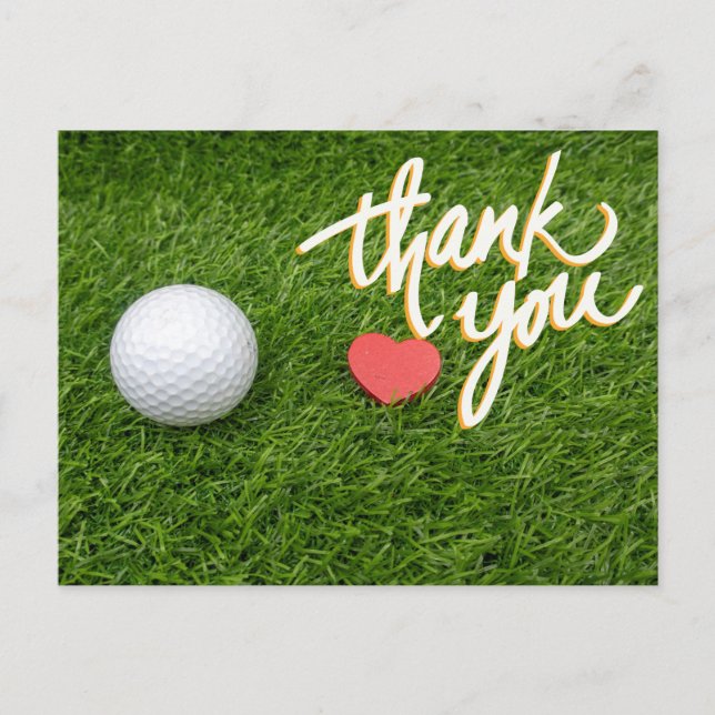 Golf  ball  red heart on green with love thank you postcard (Front)
