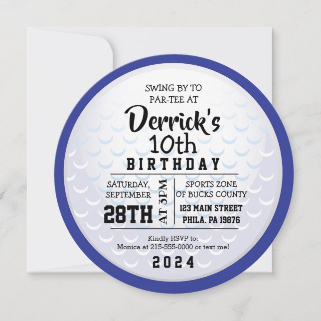 GOLF BALL ROUND BLUE Birthday Party Invitation (Front)