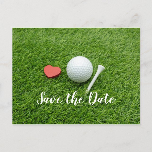 Golf ball  SAVE THE DATE with tee and love Postcard (Front)