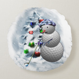 Golf Ball Snowman Christmas Round Cushion