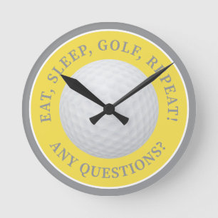 Golf Ball Sports Modern Golfing Quote Yellow Grey Round Clock