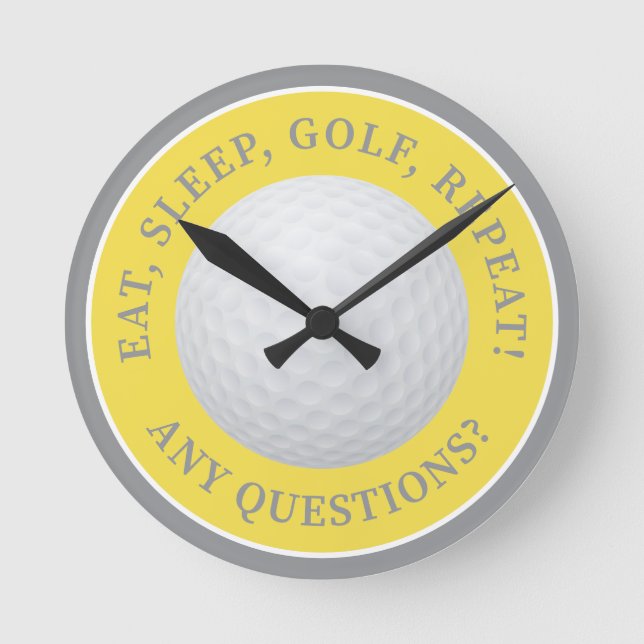 Golf Ball Sports Modern Golfing Quote Yellow Grey Round Clock (Front)