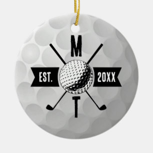 Golf Ball Texture & Club Initial Monogram Ceramic Ornament