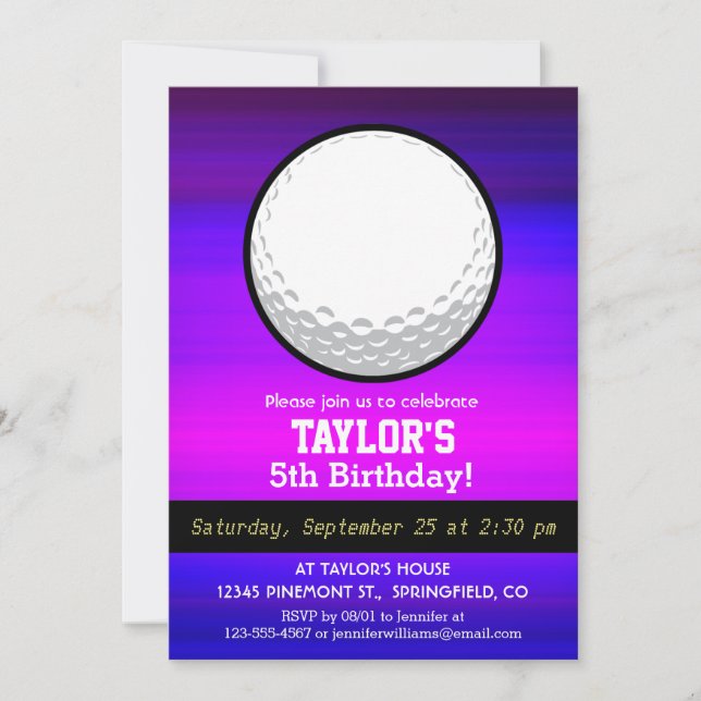 Golf Ball; Vibrant Violet Blue and Magenta Invitation (Front)