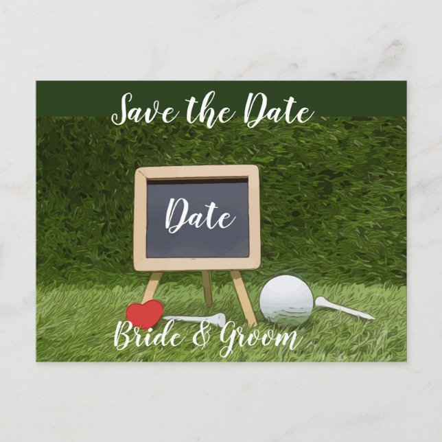 Golf ball with chalkboard save the date postcard (Front)