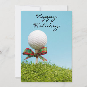 Golf ball with Christmas ribbon is on tee Holiday Card