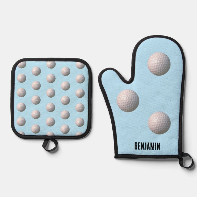 Golf Ball with Dimples Personalised Oven Mitt & Pot Holder Set (Front)