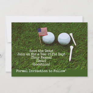 Golf ball with flag of America on green grass Invitation