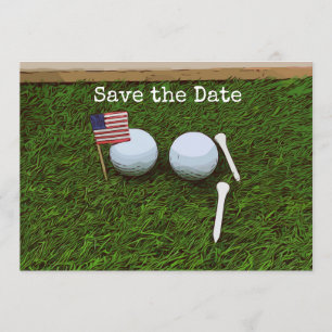 Golf ball with flag of America on green grass Invitation