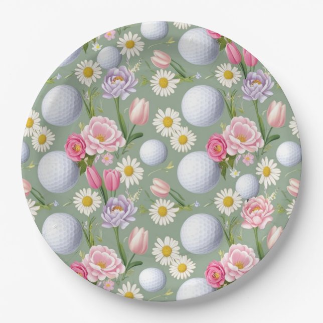 Golf ball with flowers  paper plate (Front)