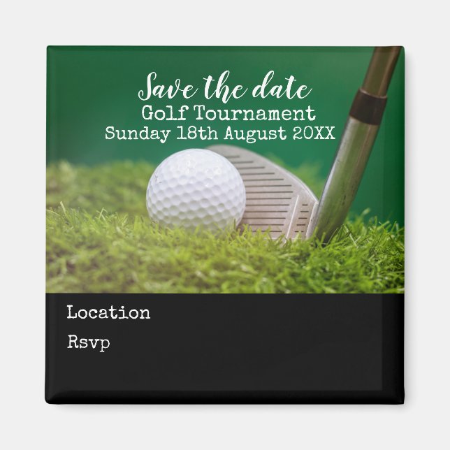 Golf ball with golf club on green save the date magnet (Front)