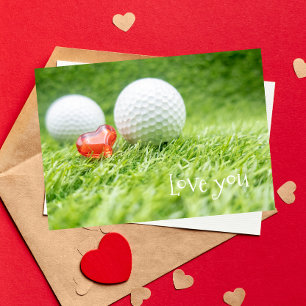 Golf ball with love red heart on green  Valentine Card