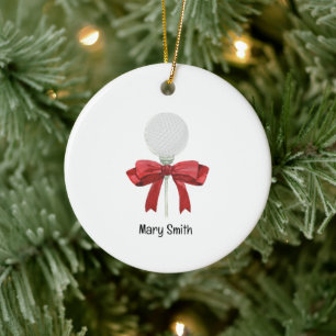 Golf Ball with red ribbon  Ceramic Ornament